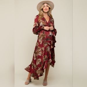 Pinkblush Burgundy Satin Asymmetrical Flounce Trim Maternity Dress